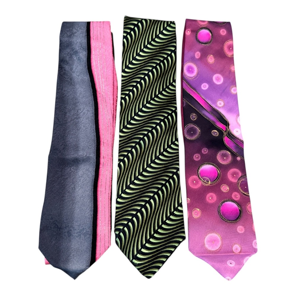 Vintage Kolte Italy Hand Painted‎ Silk Ties Set 3 Geometric Pattern Pink Purple